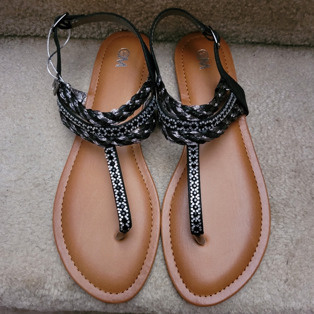 C&M Brown Sandals with Black and Silver Braided Accents